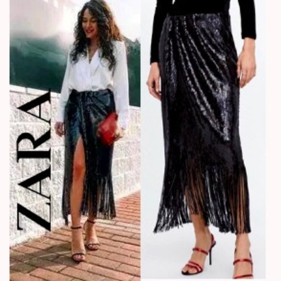 Zara Dresses & Skirts - 💥SHOWSTOPPER💥ZARA Black Sequin Wrap Fringe Hem Ankle Length Skirt